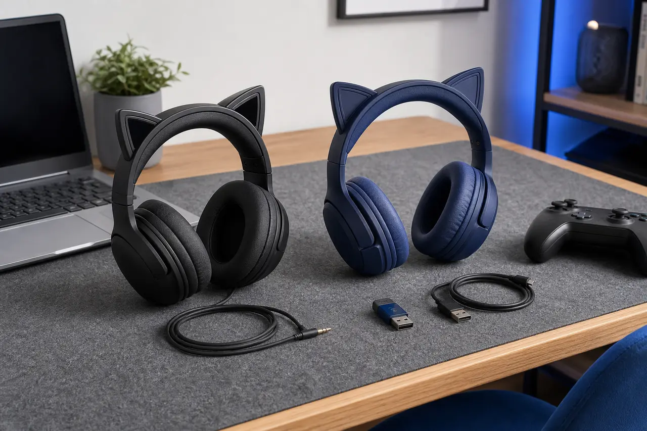 Headset mit Katzenohren neben Klinkenstecker, USB-Stecker und Funk-Dongle