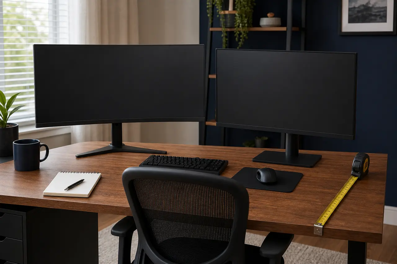 Curved- und Flat-Monitor über einem ausgemessenen Gaming-Schreibtisch
