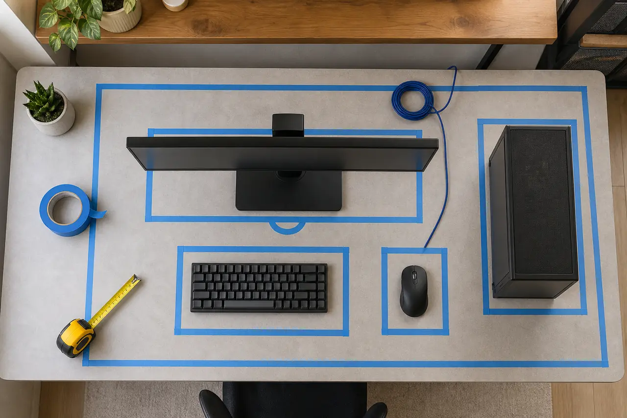 Schreibtisch von oben mit markierten Stellflächen für Monitor, Tastatur, Maus und PC