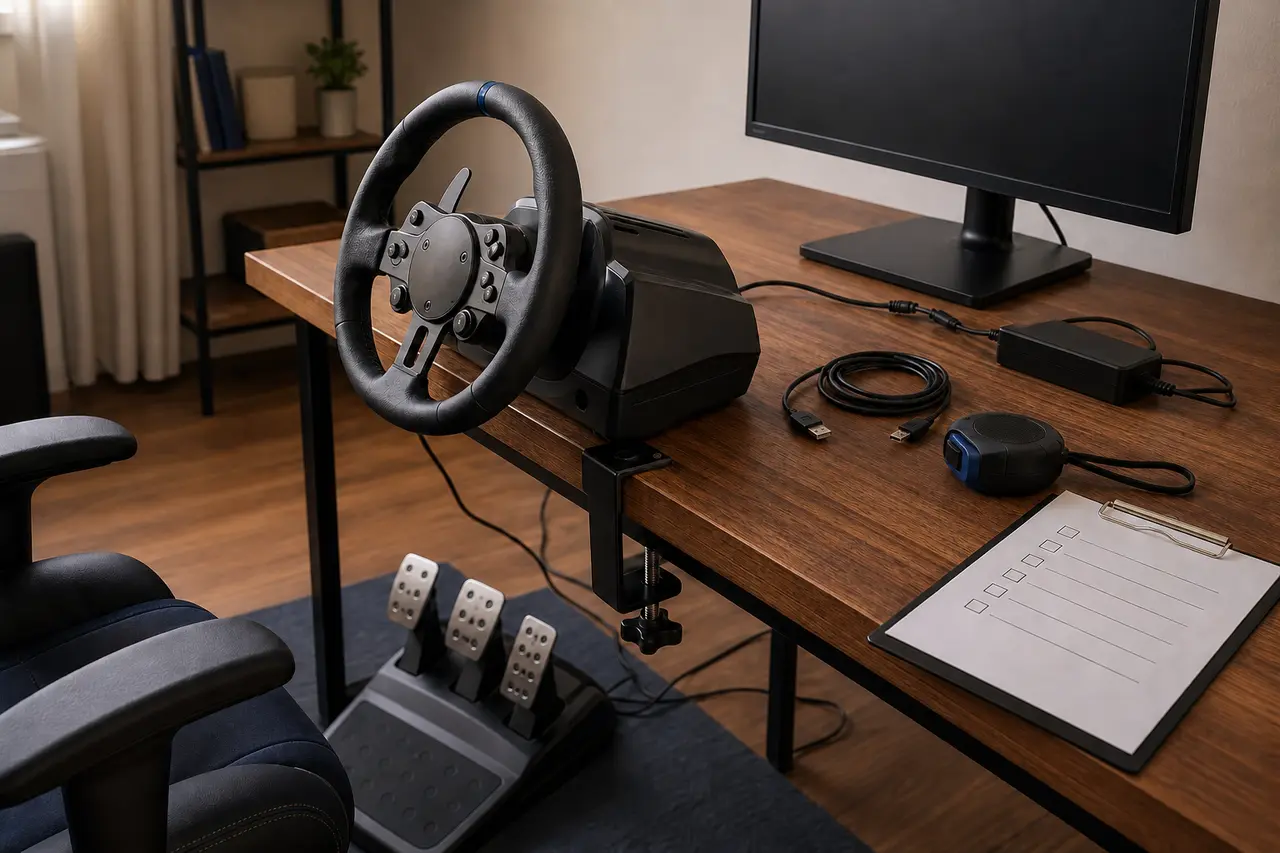 Ungebrandetes Gaming-Lenkrad mit Pedalen, Tischklemme, Netzteil, USB-Kabel, Monitor und leerer Checkliste