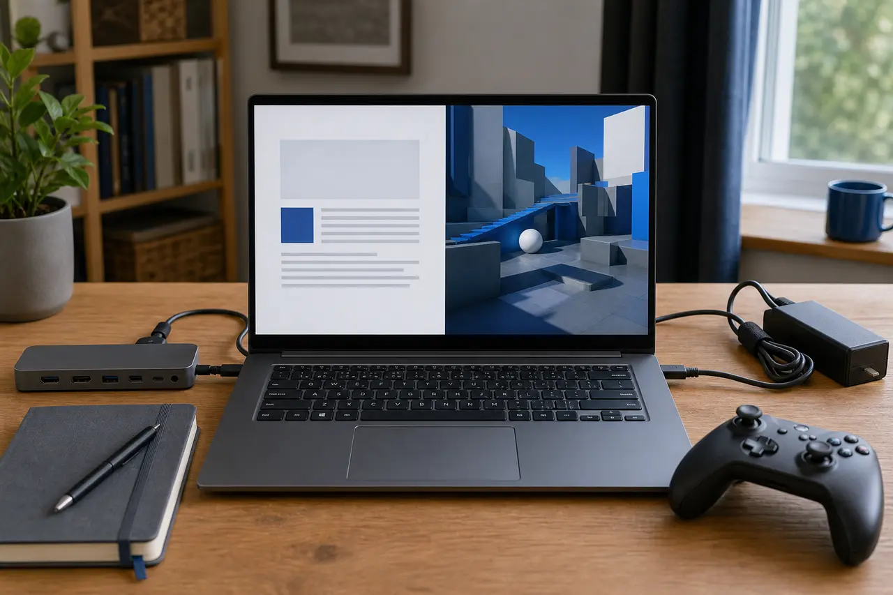 Laptop mit geteilter Arbeits- und Spielansicht neben Dock, Notizbuch und Gamecontroller