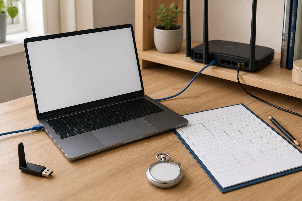 Laptop mit Ethernetkabel, WLAN-Adapter, Router, leerem Beobachtungsbogen und unbeschrifteter Stoppuhr