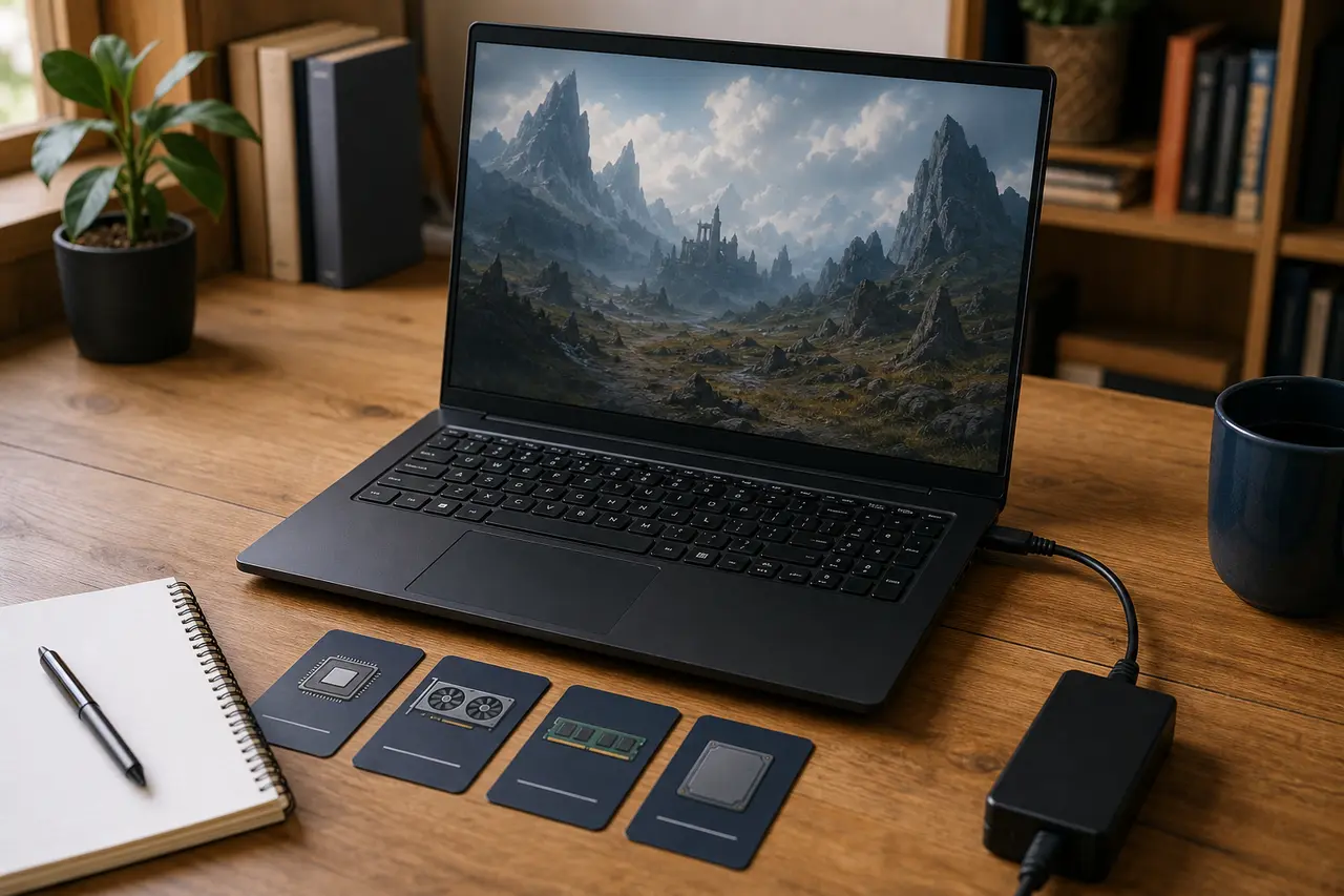 Ungebrandeter Laptop mit neutraler Fantasy-Landschaft neben einer leeren Hardware-Prüfliste